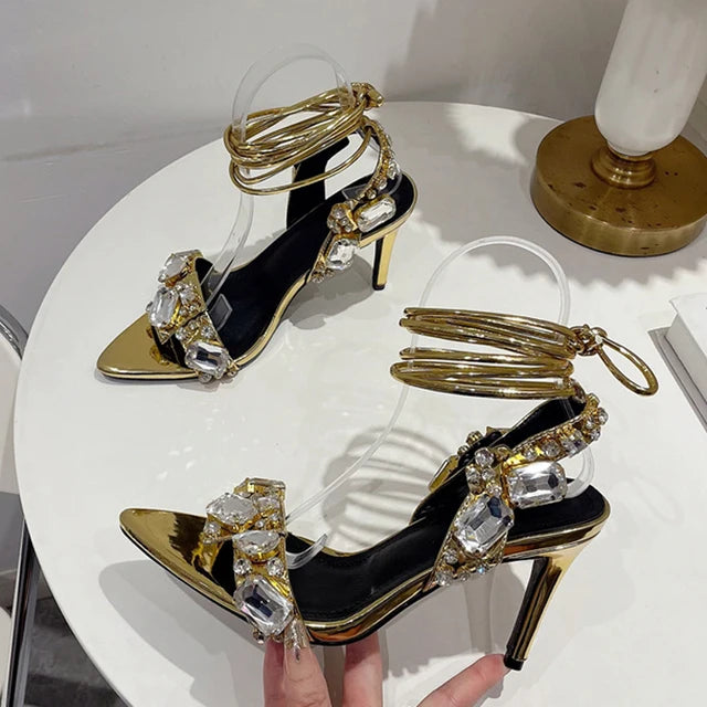 Liyke Sexy Ankle Strap Golded Sandals Women Party Nightclub Stripper Heels High Quality Crystal Diamond Pointed Toe Wedding Shoe - Kimlud