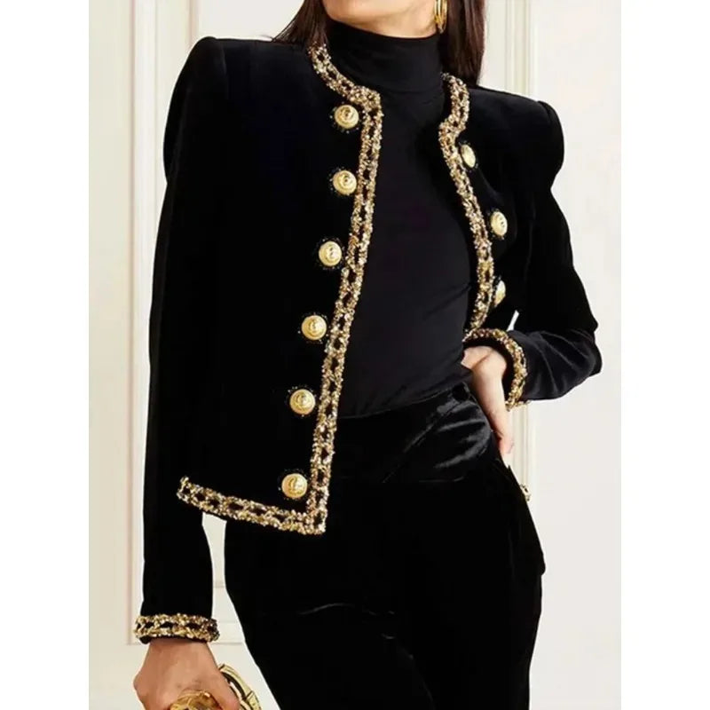 Plus Size Luxury Bright Silk Velvet Jackets Women 2025 Autumn Winter O Neck Long Sleeve Double Gold Button Out Going Coat 184065