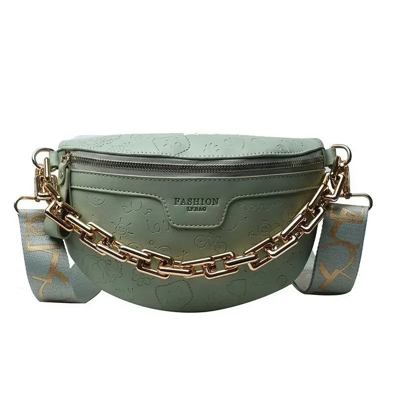 Cartoon Pattern empaistic PU Leather Fanny Pack For Women Luxury Chain Waist Bag Female Cute Waist Pack Wide Strap Crossbody Bag