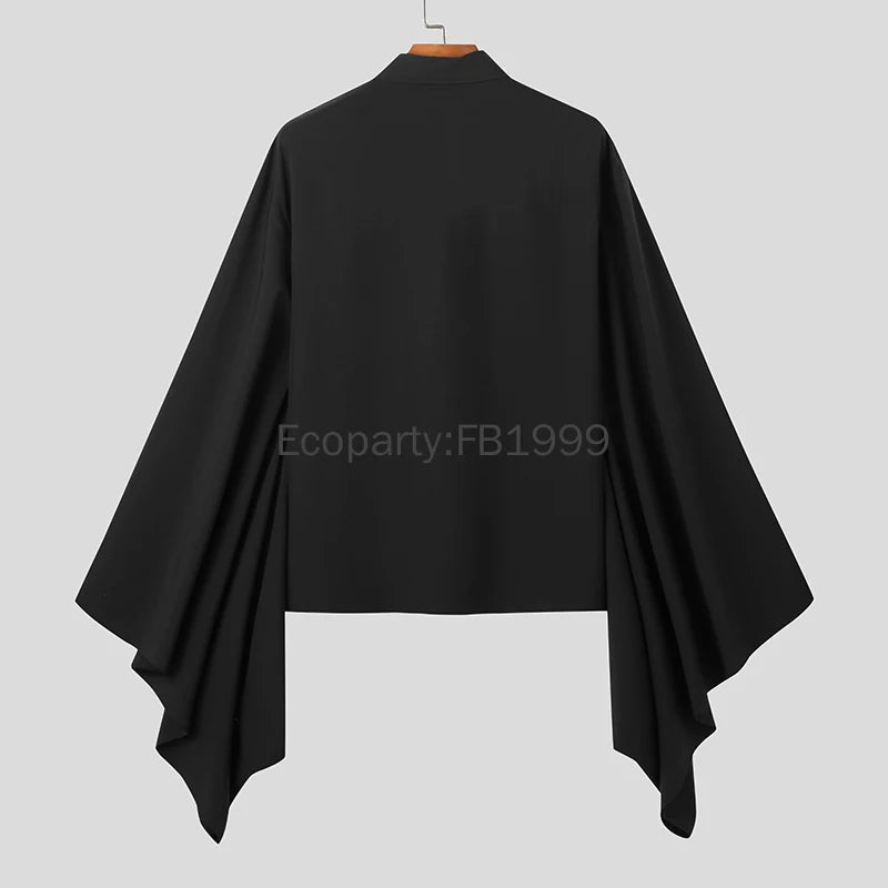 Men Chinese Style Hanfu Shirts Black Lapel Flare Long Sleeve Gothic Blouse Male Vintage Loose Leisure Shirts Harajuku Streetwear