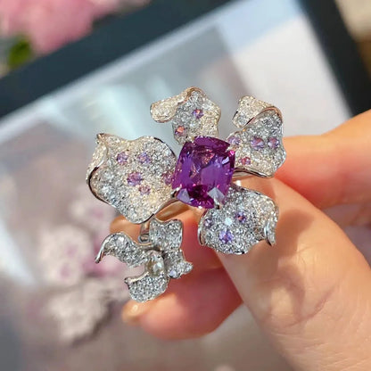 2022 New Trendy Big 925 Ring Amethyst Zircon Flower Open Rings for Women Luxury INS Style Party Dinner Sterling Silver...