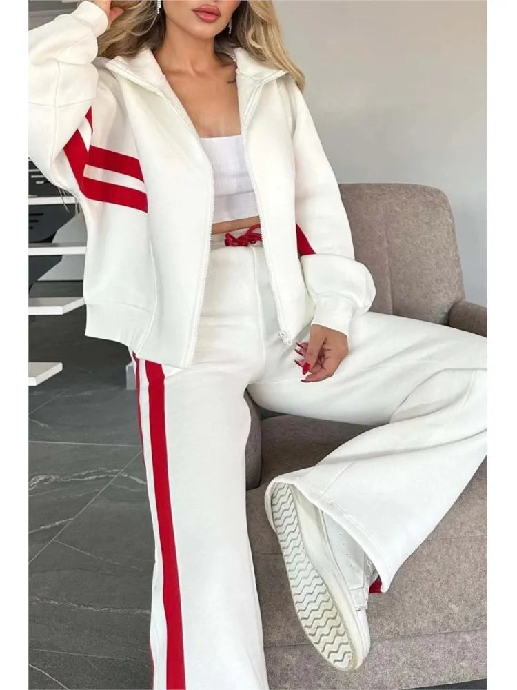 Autumn Winter Women's New Hoodie Suit Y2K Striped Zipper Loose Fit Jacket Outwear And High Waist Side-striped Pants Sports Sets - Kimlud