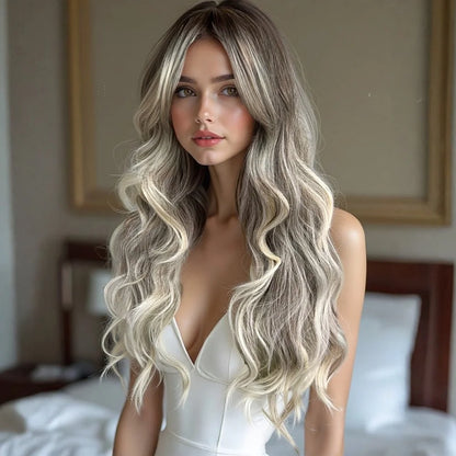 28 Inch Synthetic Women's Wig Light Brown with Highlights Long Wavy Hair Everyday Pretty Party Outfit