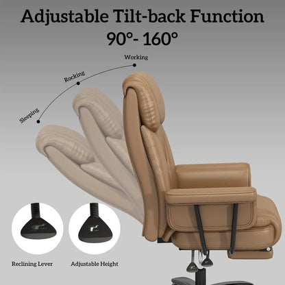 Criss Cross Chair with Wheels, 160°Big and Tall Reclining Office Desk Chair with High Back, Wide Seat, Arms, Footrest, Brown - Kimlud