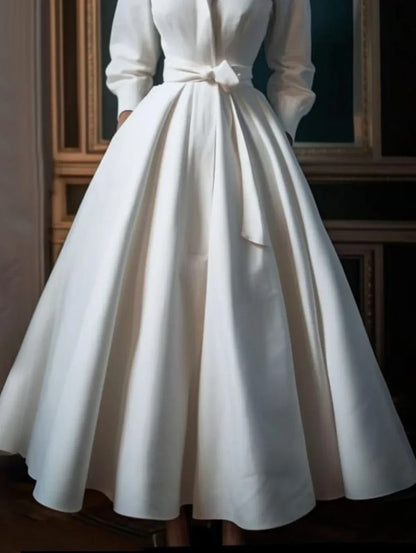 Women Elegant Shirt Dress Long Sleeve Stand Collar White Minimalist A-Line Pleated Wedding Guest Long Dresses with Blet...