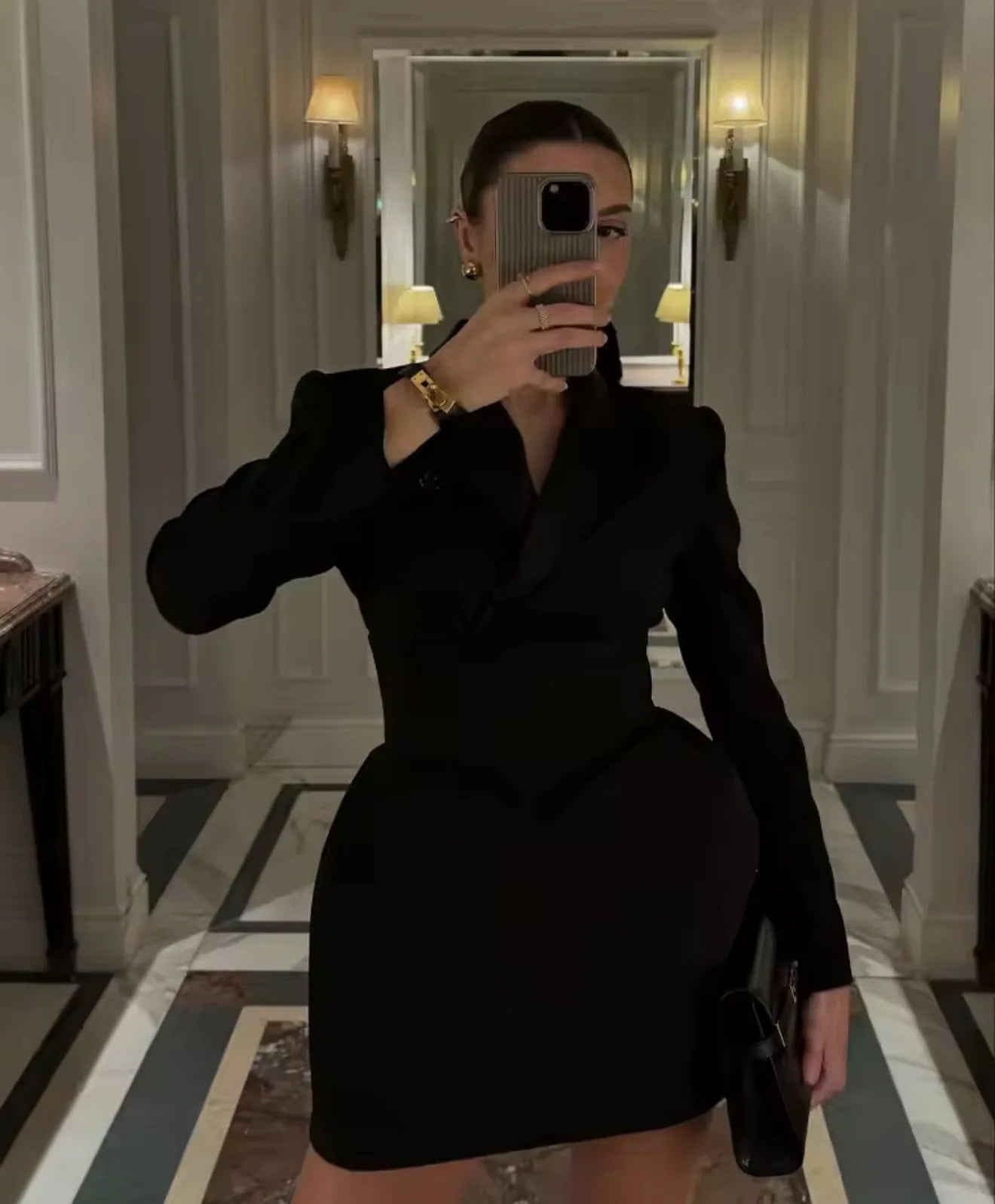 Lace Patchwork Black Blazer Dress Women Shoulders Deep V-neck Full Sleeve Mini Dresses Lady Evening Party Chic Gown 2026...