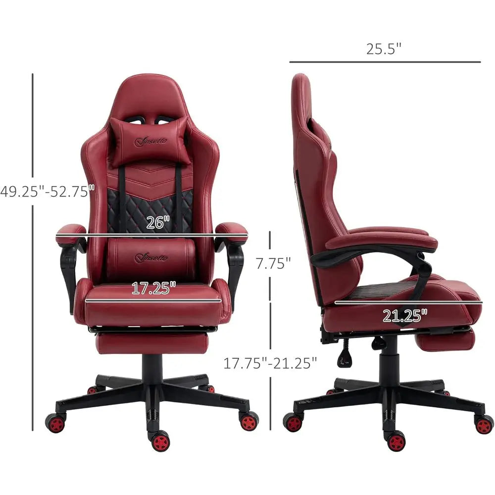 High-Back Swivel Reclining Gaming Chair with Footrest, Lumbar Support, Adjustable Height, Red Leatherette