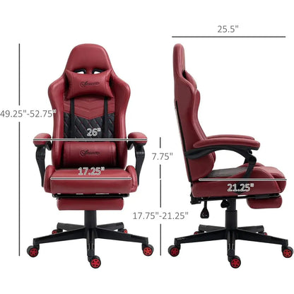 High-Back Swivel Reclining Gaming Chair with Footrest, Lumbar Support, Adjustable Height, Red Leatherette