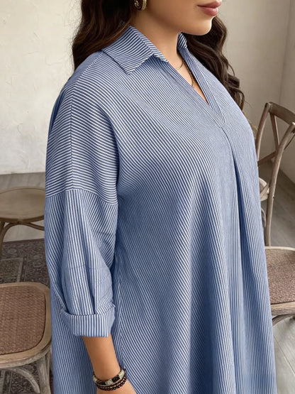 Spring Summer New Loose Striped Fashionable Shirt Collar Printed Women's Dress Elegant Casual Maxi Gown for Women - Kimlud