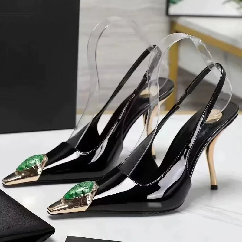 Luxury Metal Jewel Decoration Heels Women 2025 Sexy Pointed Toe Patent Leather Women Pumps Elegant Banquet High Heeled Sandals - Kimlud