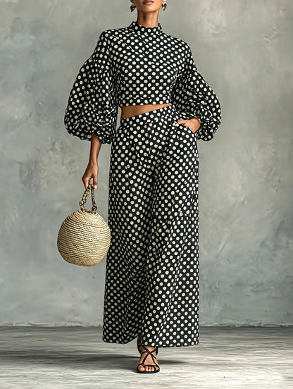 Loose Polka-dot Trousers Suit Autumn Winter Elegant Street Style Lantern Sleeve Long-sleeved Top Wide-leg Trousers Two-piece Set