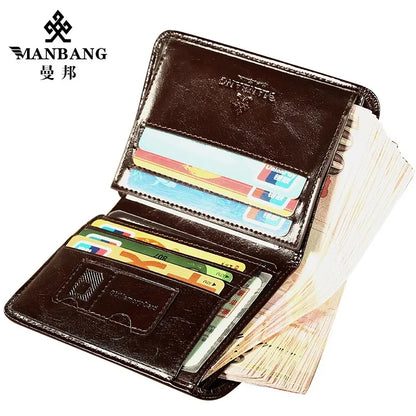 ManBang Luxury Men Wallet Genuine Cow Leather Male RFID Trifold Short Purse For Men with ID Window and Credit Card Holder