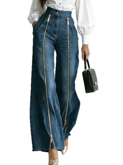 SHENGPALAE Women Denim Jeans High Waist Wide Leg Double Zipper Spliced Split Hem Vintage Streetwear Chic Autumn 2026 New...