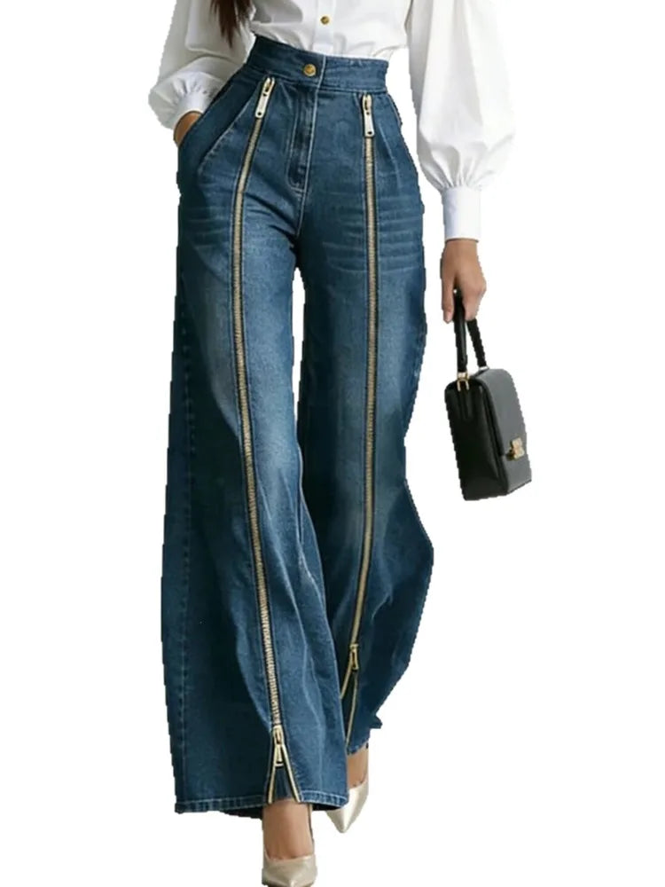 SHENGPALAE Women Denim Jeans High Waist Wide Leg Double Zipper Spliced Split Hem Vintage Streetwear Chic Autumn 2026 New...