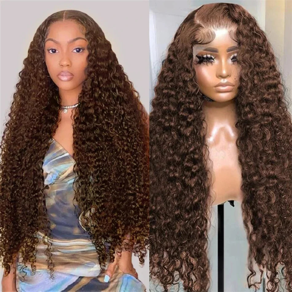 Chocolate Brown Deep Wave Lace Front Human Hair Wigs Transparent 13x4/13x6 Deep Curly Pre Plucked Human Hair Lace Frontal Wigs