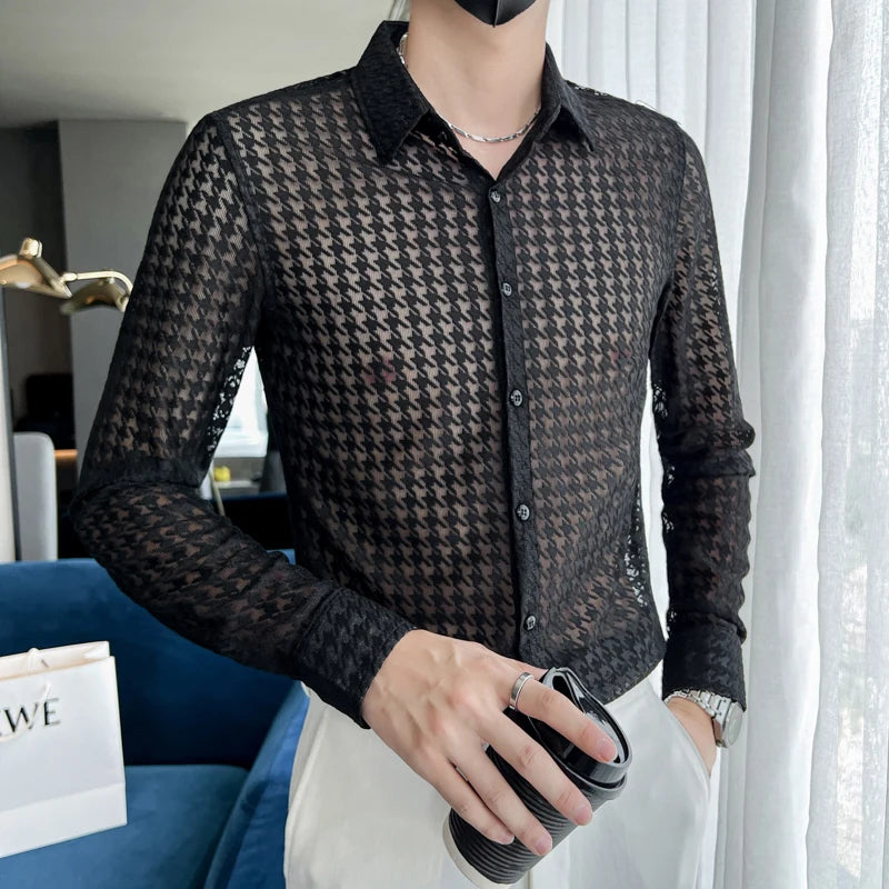 Sexy Transparent Mesh Long Sleeved Shirts for Men Fashion Party Night Club Plaid Printed Slim Fit 4XL Mens Dress Shirt Plus Size - Kimlud