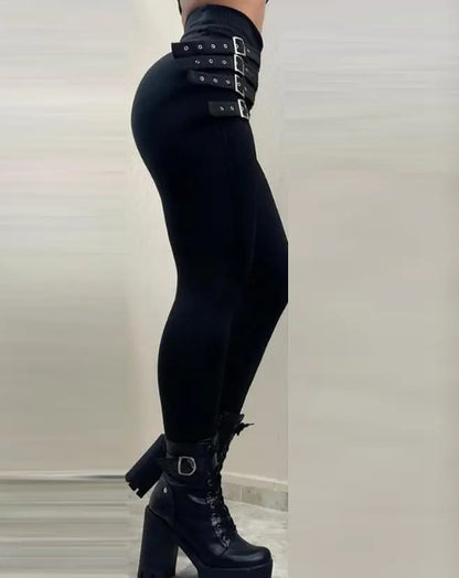 Women's Streetwear High Waisted Tight Elastic Pants with Leather Buckle Decoration Pencil Pants 2024 Sexy and Elegant Leggings