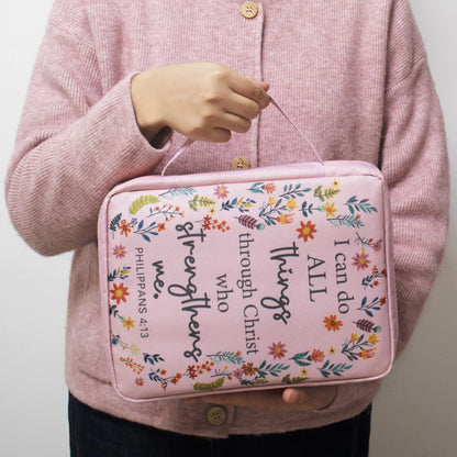 Bible Cover for Women, Pink Floral Scripture Case, Large Capacity Church Book Organizer, Christian Gift for Ladies