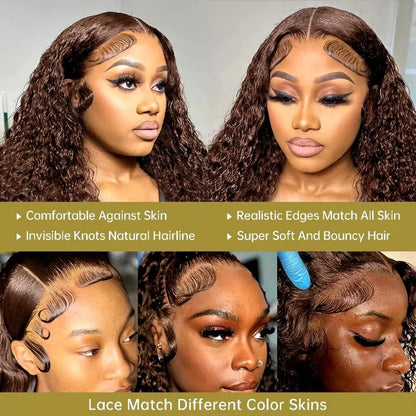 Chocolate Brown Deep Wave Glueless Wigs Human Hair Ready To Wear Pre-Cut Lace Wig 5x5 Wear Go Glueless Human Hair Wigs...