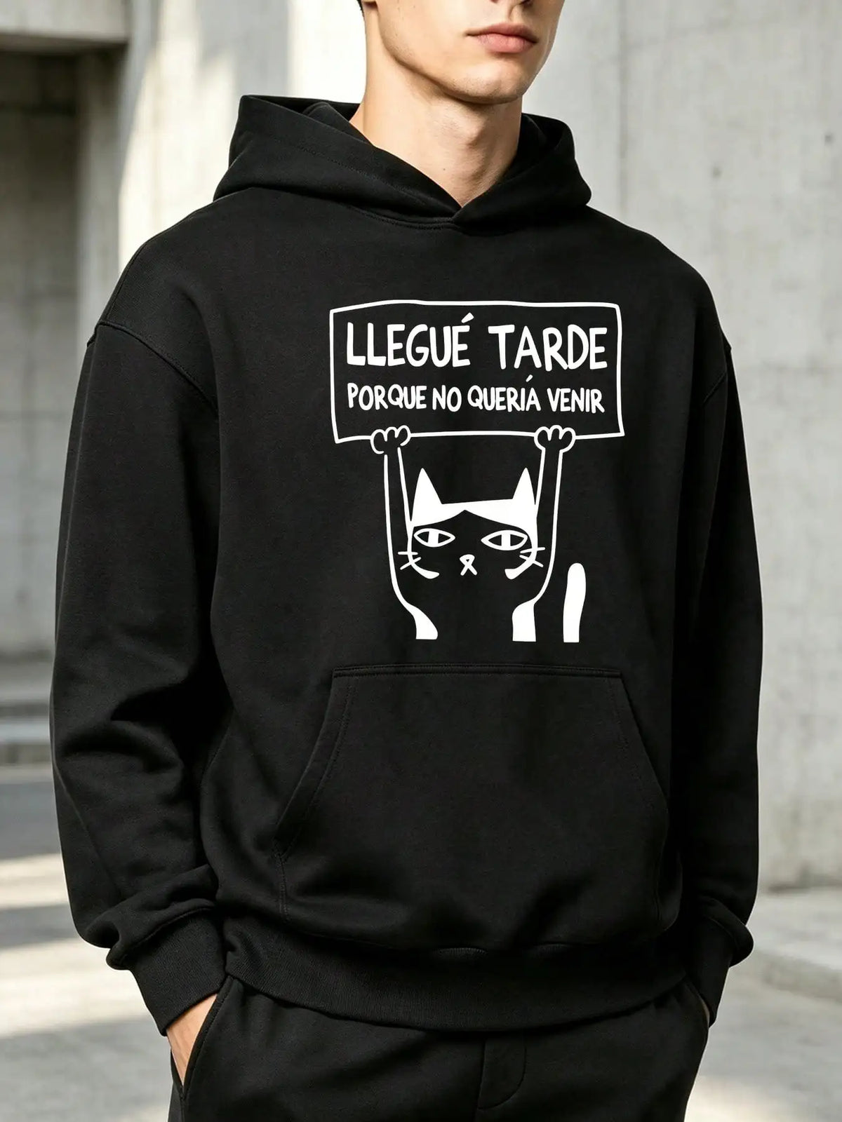 Men's "Reluctant Late Cat" Print Hoodie, Long Sleeves With Pockets, Made Of Soft Fabric, Casual Hooded Top For Daily & Holiday Wear