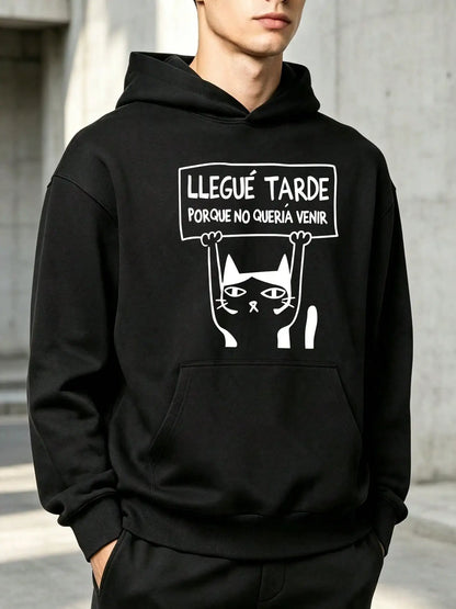 Men's "Reluctant Late Cat" Print Hoodie, Long Sleeves With Pockets, Made Of Soft Fabric, Casual Hooded Top For Daily & Holiday Wear