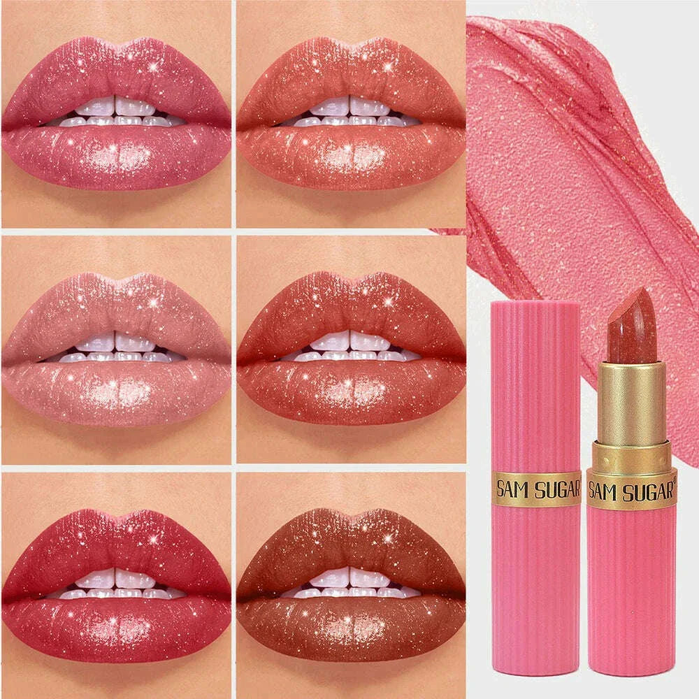 Pearlescent Pink Glitter Velvet Lipstick Metallic Waterproof Long Lasting Matte Shimmer Diamond Lipstick Women Makeup Cosmetic