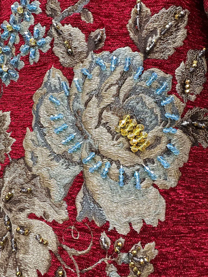 Autumn Winter New Women's Velvet Beaded Round Neck 3/4 Sleeve Burgundy Mid-Length Coat Chenille Texture Luxury Jacket