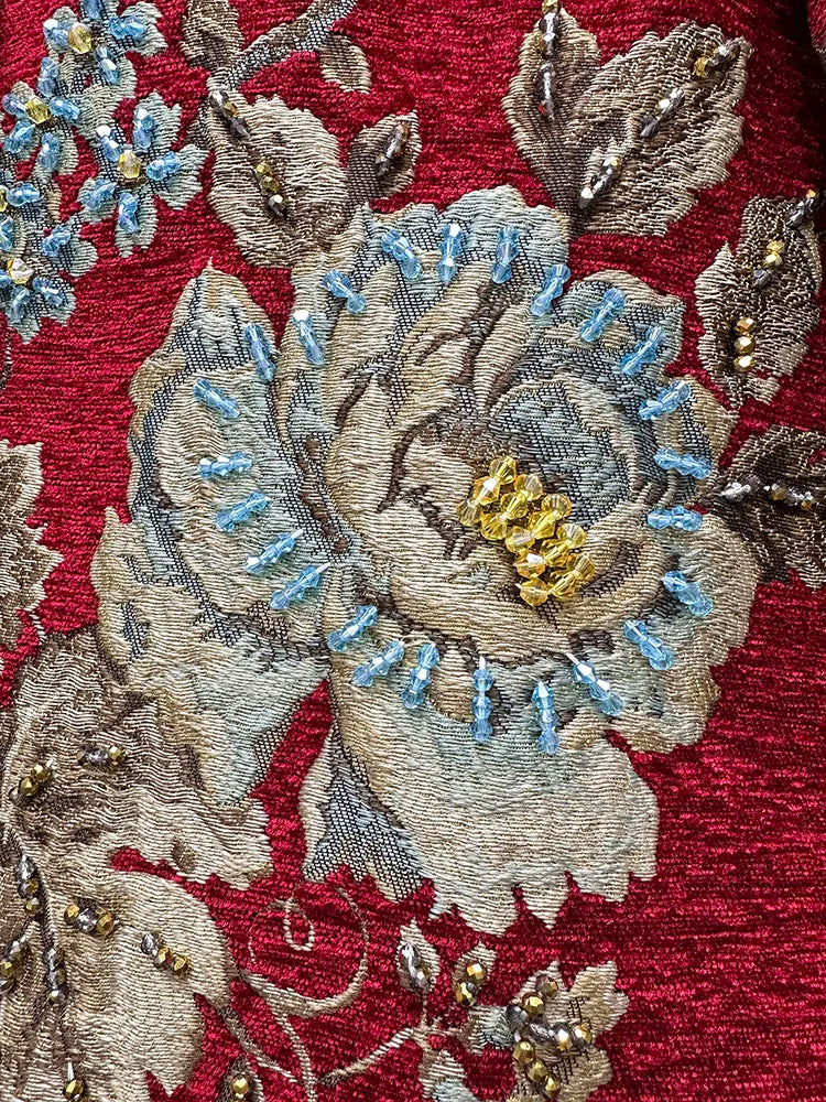 Autumn Winter New Women's Velvet Beaded Round Neck 3/4 Sleeve Burgundy Mid-Length Coat Chenille Texture Luxury Jacket