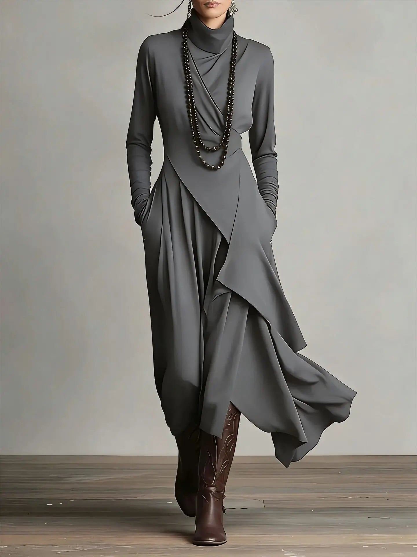 Vintage Irregular Cross Dress for Women Long Sleeve Solid Turtleneck Simple Fashion Casual Spring Holiday Long Dresses - Kimlud