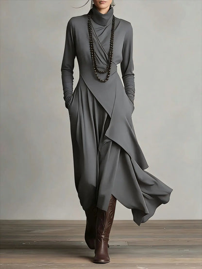 Vintage Irregular Cross Dress for Women Long Sleeve Solid Turtleneck Simple Fashion Casual Spring Holiday Long Dresses - Kimlud