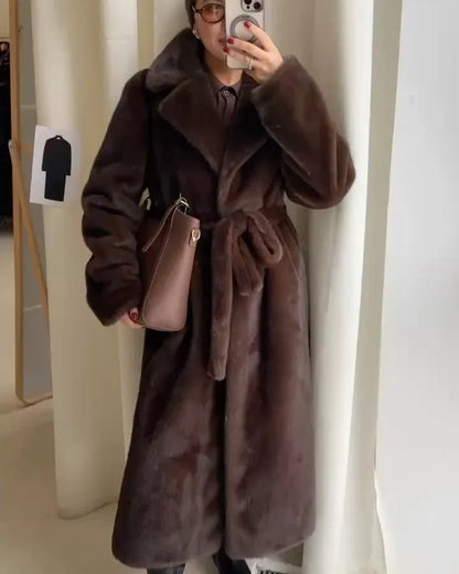 Long Coats Women Faux Fur Y2k Maxi Overcoat Lace Up Turn Down Collar Full Sleeve Thick Loose Elegant Jackets Autumn Winter 2025