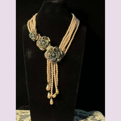 HD Europe and the United States  Retro Literature Sweet Heavy Multi-Layer Glaze Inlaid Shiny Rhinestone Flowers Tassel Necklace