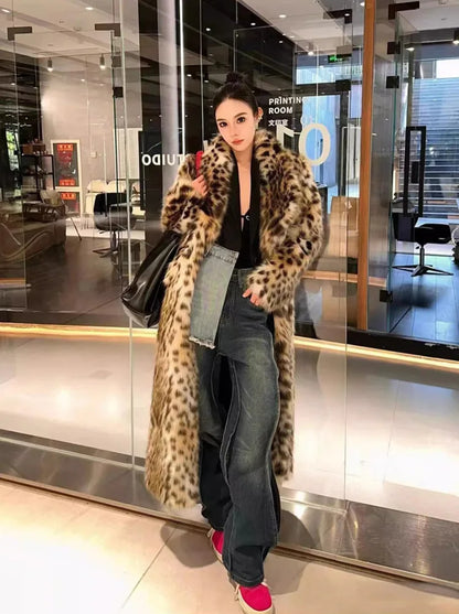 Luxury Vintage Harajuku Leopard Print Long Faux Fur Coat Women's Warm Winter Fur Trench Coat Thick Lapel Trendy Long Jacket Chic