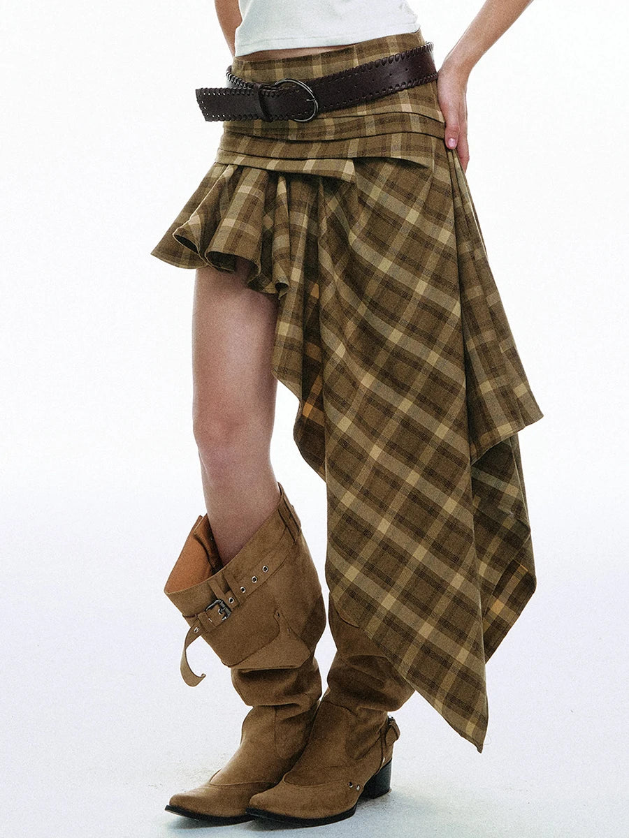 TWOTWINSTYLE Chic Boho Asymmetric High Low Skirt for Women Plaid Tartan Wrap Ruched Waist Handkerchief Hem Ruffle Mini for Daily - Kimlud