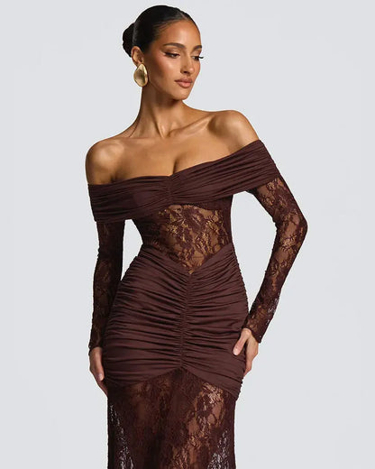 GACVGA Elegant Mesh Lace Patchwork Bodycon Maxi Dress for Women Summer Sexy Off-Shoulder Sheer Party Club Evening Long Dress