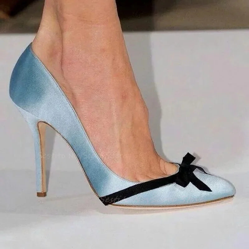 Pointed Toe Blue Satin Pumps with Black Bow Decor Stiletto Heels Summer Fashion Women Dress Casual Classic Sandals Rubber Sole