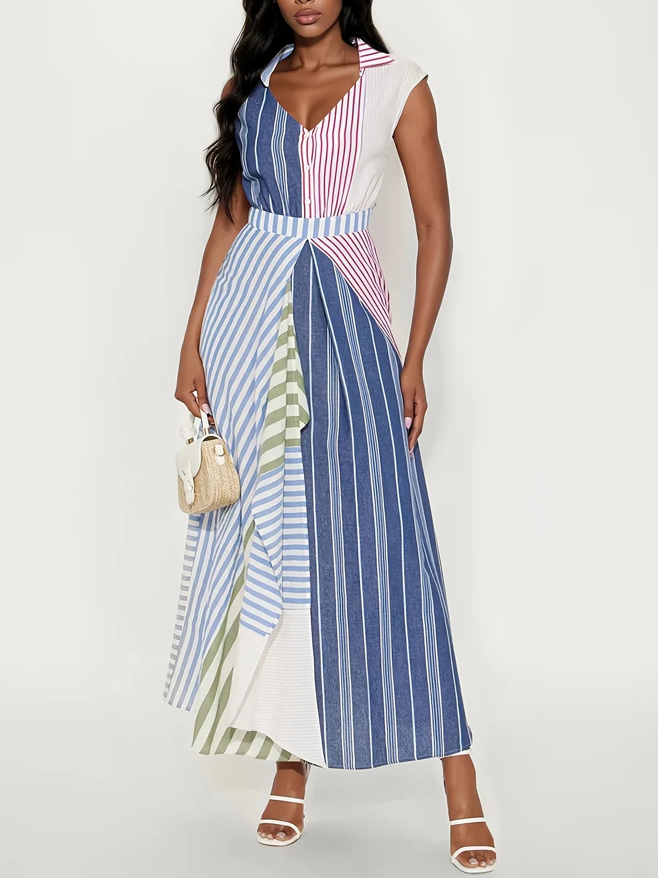 Personality Contrast Color Stitching Striped Dress Women's Summer Fashion Irregular Waist V-neck Sleeveless Commuting Dresses - Kimlud