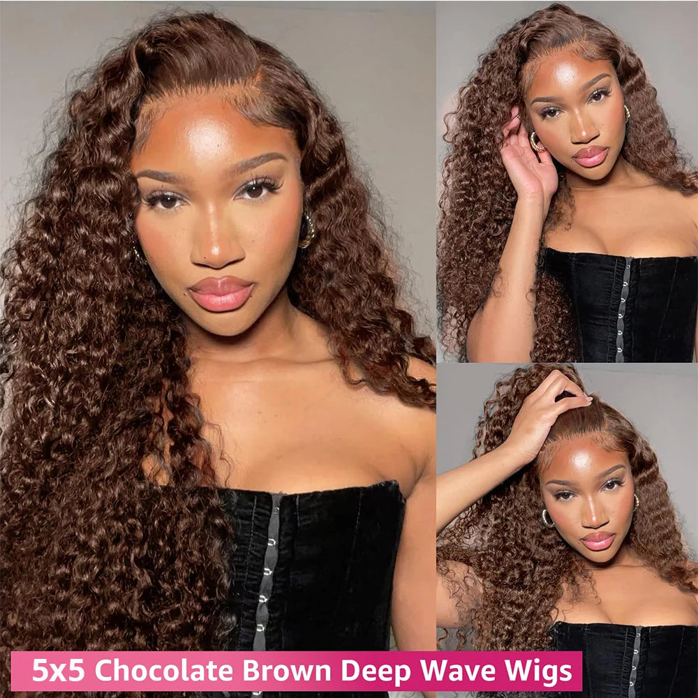 Chocolate Brown Deep Wave Glueless Wigs Human Hair Ready To Wear Pre-Cut Lace Wig 5x5 Wear Go Glueless Human Hair Wigs...