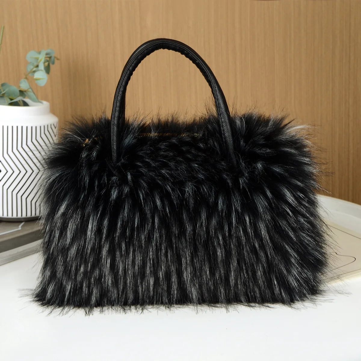 Autumn Winter Faux Fur Tote Bag For Women Rectangular Large Capacity Plush Handbags American Fashion High Street Crossbody Bags