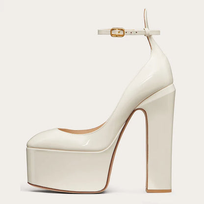Women New European And American Style Super High Heels Patent Leather Round Toe Thick Sole Large Size Thick Heel Shoes