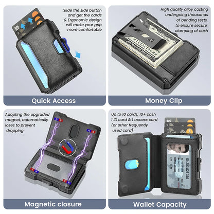 Minimalist Mens Wallet with Money Clip, Aluminum Pop Up Card Case and Leather Slots Credit Card Holder RFID Blocking Wallet