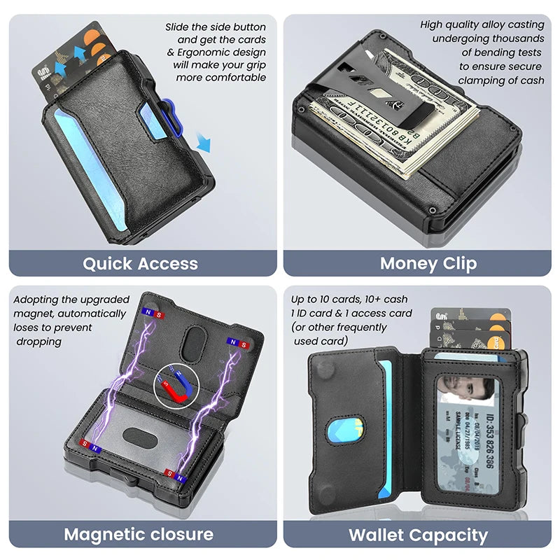 Minimalist Mens Wallet with Money Clip, Aluminum Pop Up Card Case and Leather Slots Credit Card Holder RFID Blocking Wallet