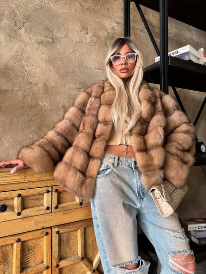 Fashion Patchwork Faux Fur Coat Women Casual Full Sleeve Lapel Loose Long Staple Plush Jacket 2025 New Winter Street Wear New