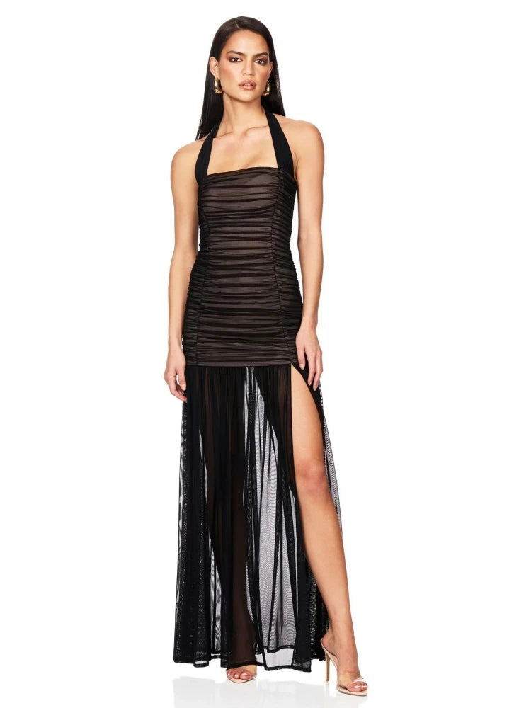Sexy Halter Neck Mesh Patchwork Ruched Long Dress Women Black Sleeveless Backless Elegant Slim Runway Evening Party Club...