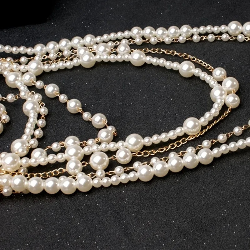 Multi-layer Simulated Pearls Chain Long Necklace Elegant Earrings Trendy Statement Choker Necklace for Women Fashion...
