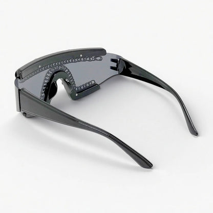 Punk Style One-piece Large Frame Sunglasses with Metal Chain Stud Women and Men Treny Exaggertated Unique Sun Glasses...