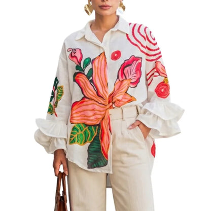 Yeezzi Women's Elegant Large Floral Printed High-Low Lapel Blouse 2026 Flared Sleeves Oversized Casual Office Party...