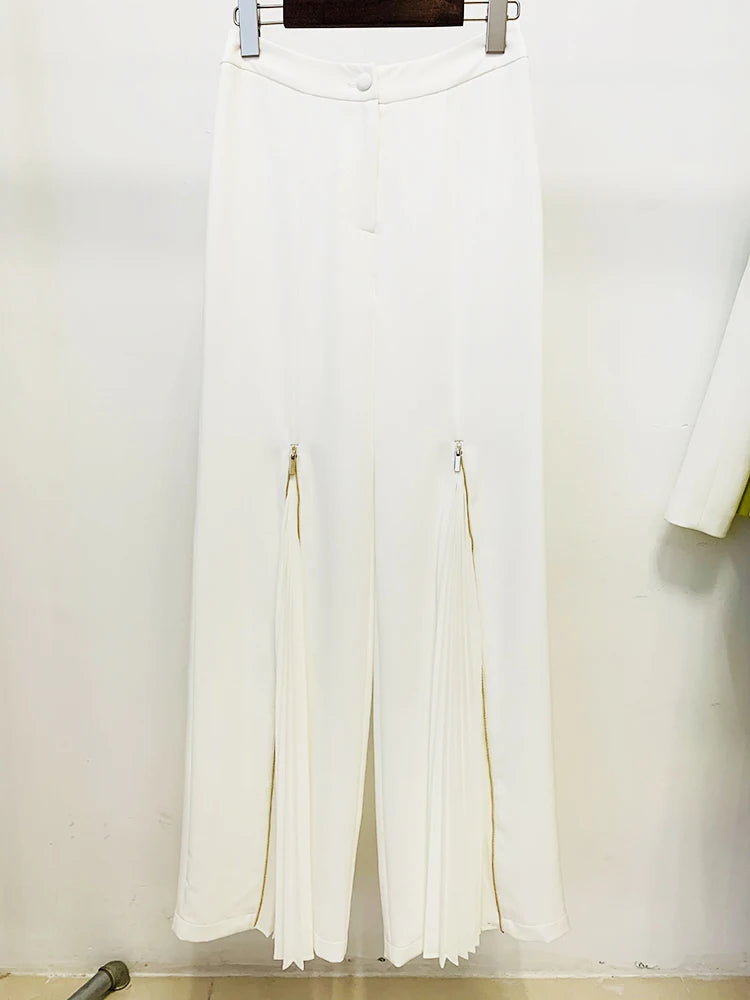 HIGH QUALITY Newest Fashion 2022 Designer Suit Set Women's Lacing Belt Blazer Pleated Zip Pants Set 2pcs Set