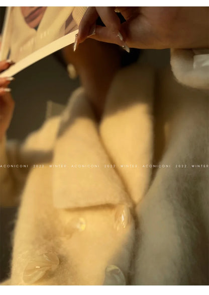 Lautaro Winter Long Vintage White Thick Warm Fluffy Wool Blends Coat Women Double Breasted Elegant Luxury Designer...