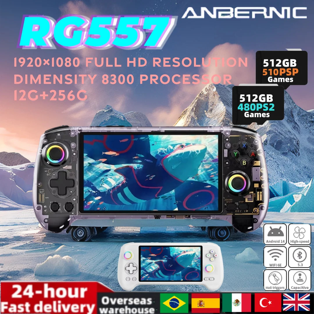 ANBERNIC RG557 Retro Handheld Game Console 5.48''AMOLED Screen Android 14 Video Game Consoles Dimensity 8300 512G PSP PS2 Gift